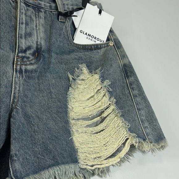 Glamorous Blue Distressed Jean Shorts - Picture 2 of 5